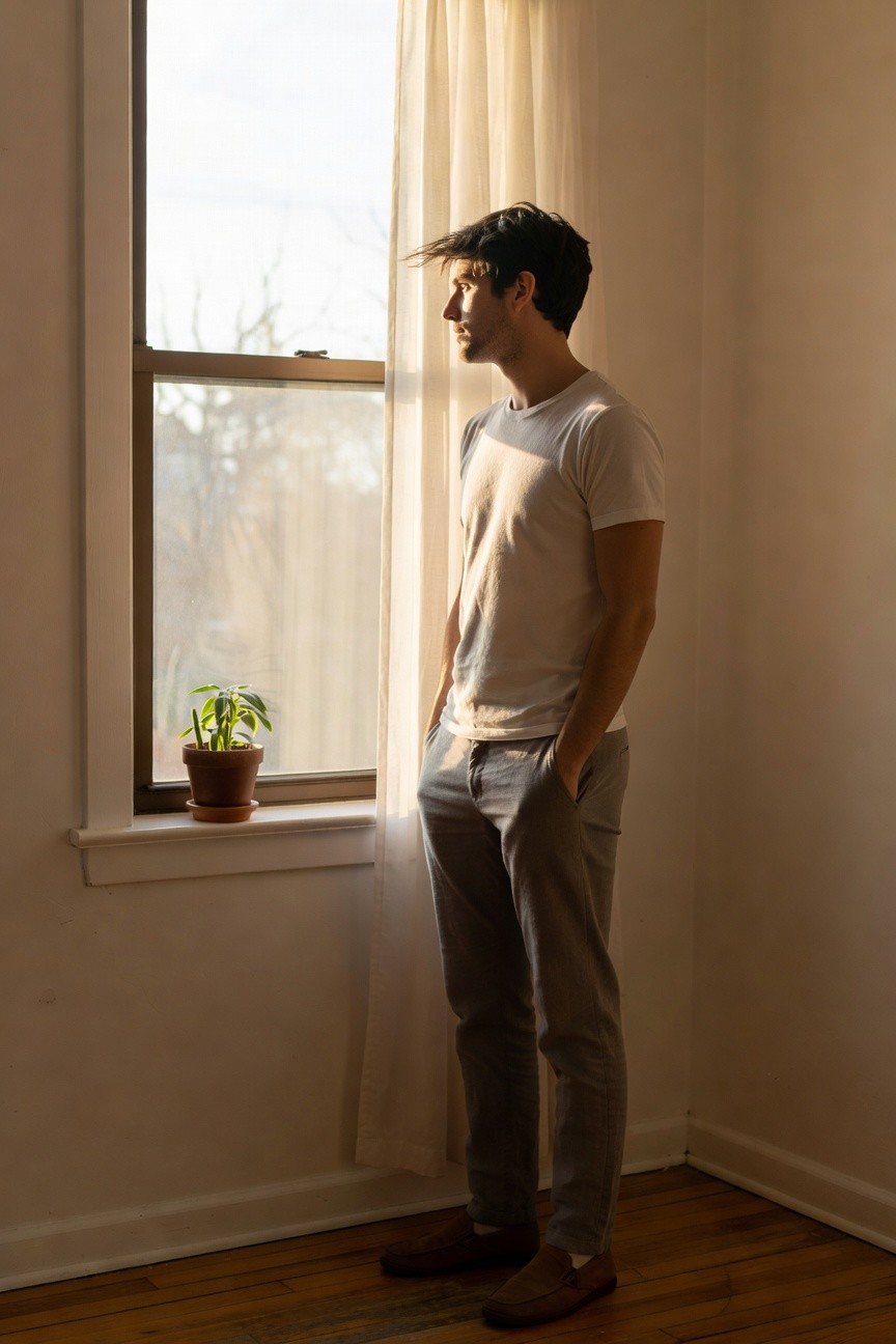 Side profile of a man in a white short-sleeve t-shirt, slim grey pants, and brown loafers, standing casually with hands in pockets