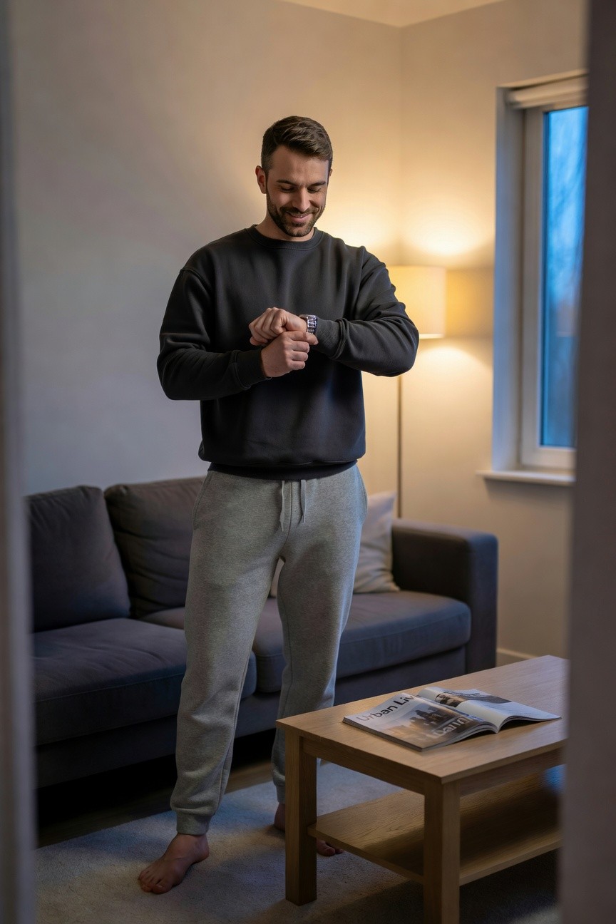 Man standing barefoot in a living room, wearing a black crewneck sweatshirt, light grey drawstring sweatpants, and a wristwatch, adjusting the watch while smiling slightly