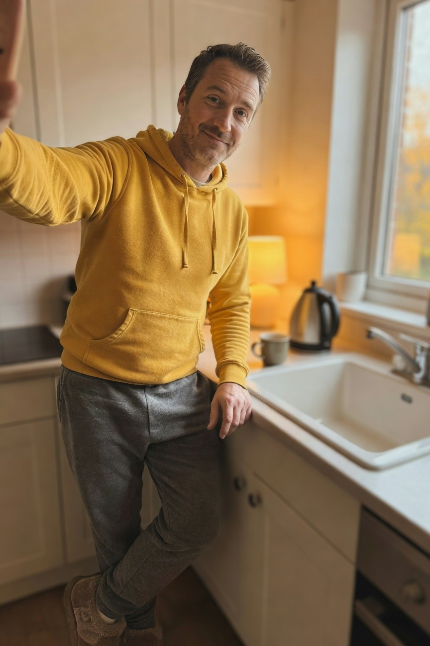 Man taking selfie in yellow hoodie, grey sweatpants, and slippers, leaning on kitchen counter for casual off-duty look