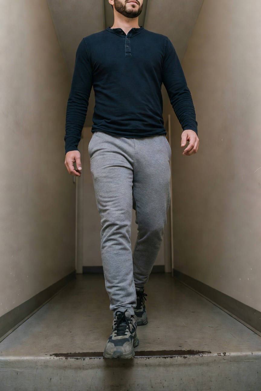 Man in fitted navy long-sleeve henley shirt, relaxed grey jogger pants, and chunky black-grey sneakers walking down a concrete hallway