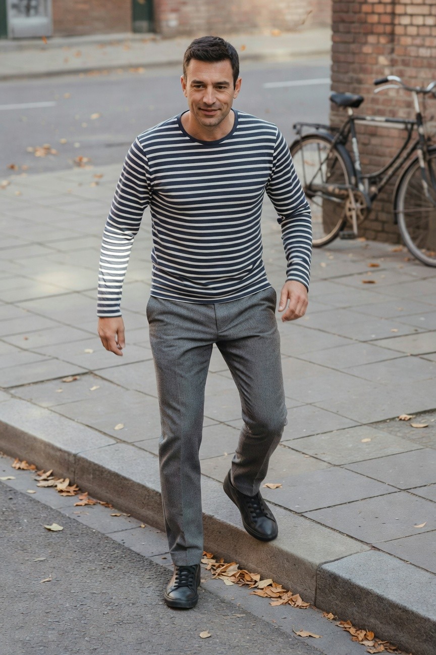 Man in navy and white striped long-sleeve shirt, slim grey pants, and black leather sneakers walking casually on pavement
