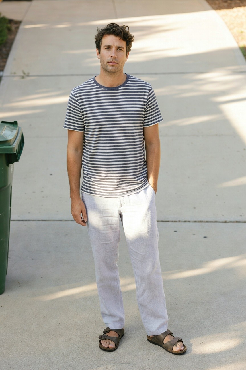 A man in a casual striped short-sleeved t-shirt, light grey wide-leg linen pants, and brown leather strap sandals, standing with hands in pockets on a concrete path next to a green bin