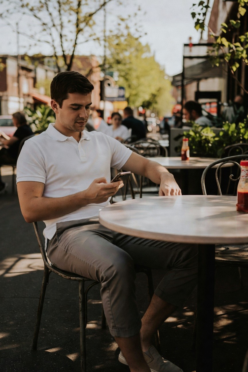 Man sitting outdoors in white short-sleeve polo shirt, slim grey pants rolled at ankles, and white sneakers, holding phone at cafe table