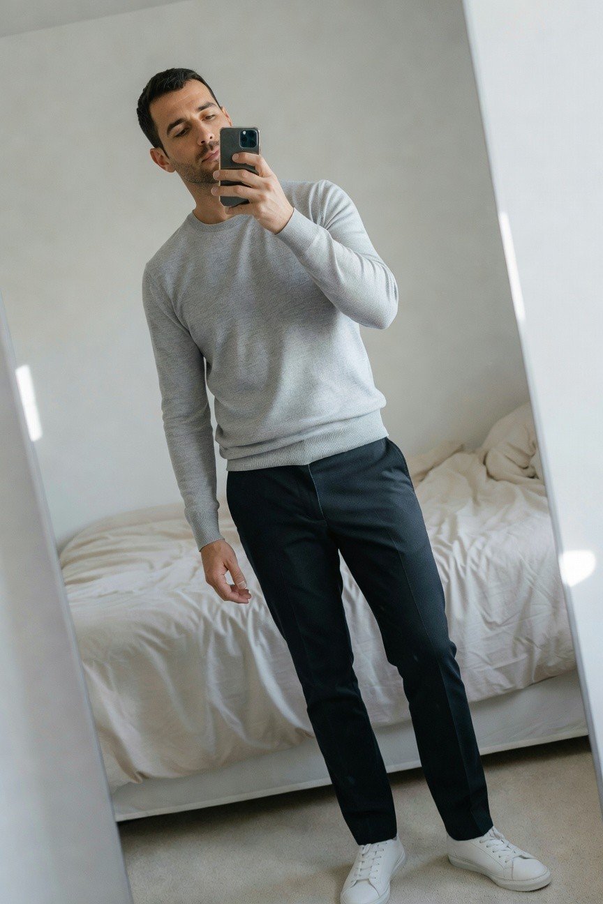 Man in light gray crewneck sweater, slim navy trousers, and white sneakers poses for mirror selfie in minimalist bedroom with white bed visible