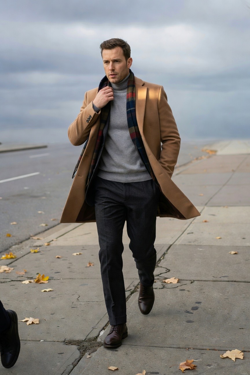 Man in long camel wool overcoat layered over grey turtleneck sweater and plaid scarf, paired with slim charcoal grey wool pants and brown leather brogues, walking on sidewalk