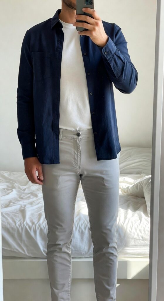 Mirror selfie of a man wearing an open navy chambray shirt jacket over a white t-shirt tucked into light grey slim trousers, hands in pockets, standing in a bedroom with white bed in background