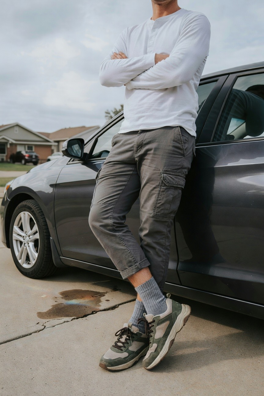 A man with arms crossed leaning against a dark grey car, dressed in a white long-sleeve henley shirt, cuffed grey cargo pants, grey crew socks, and chunky green-grey lace-up sneakers on a concrete driveway