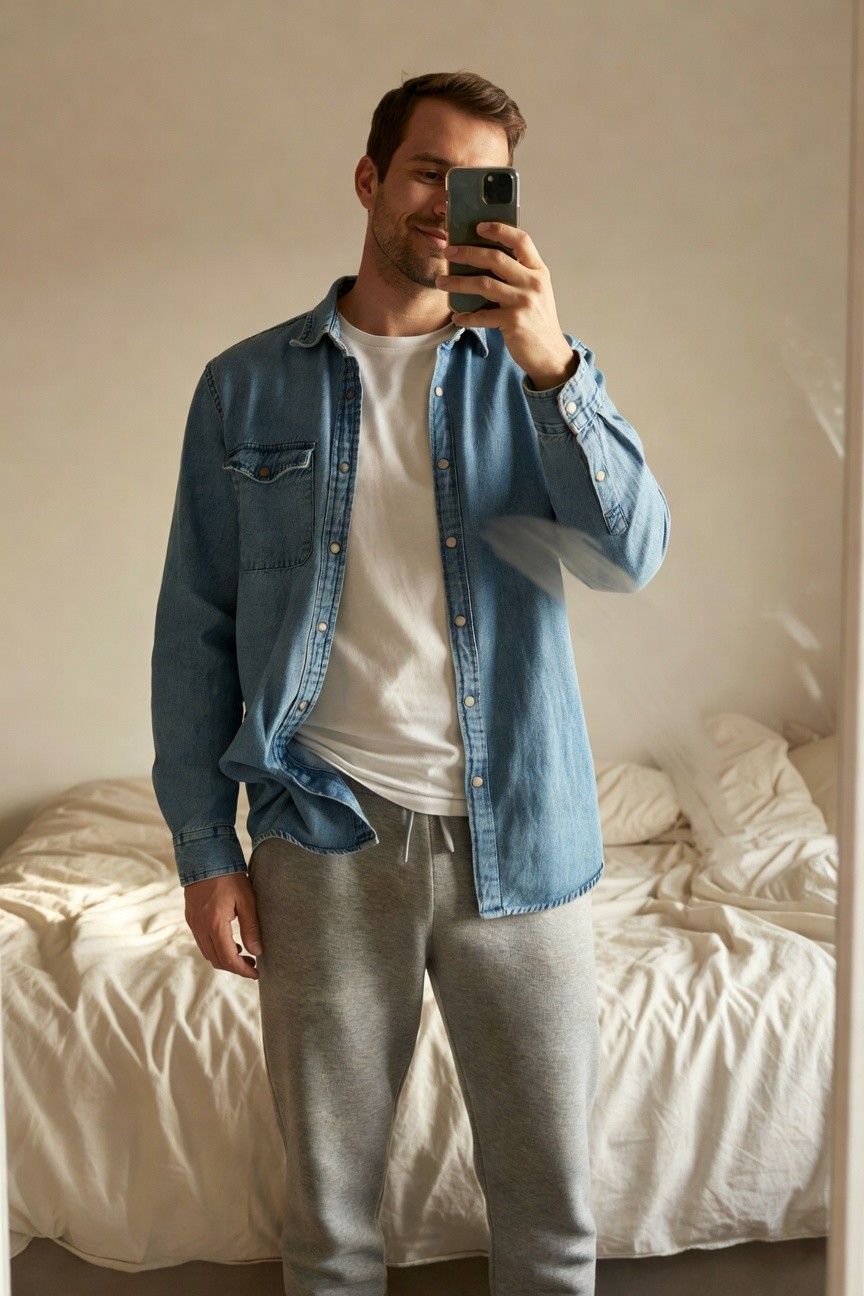 A man taking a mirror selfie wearing an open light blue denim shirt over a white t-shirt tucked into grey drawstring joggers, standing in a bedroom with a white bed in the background