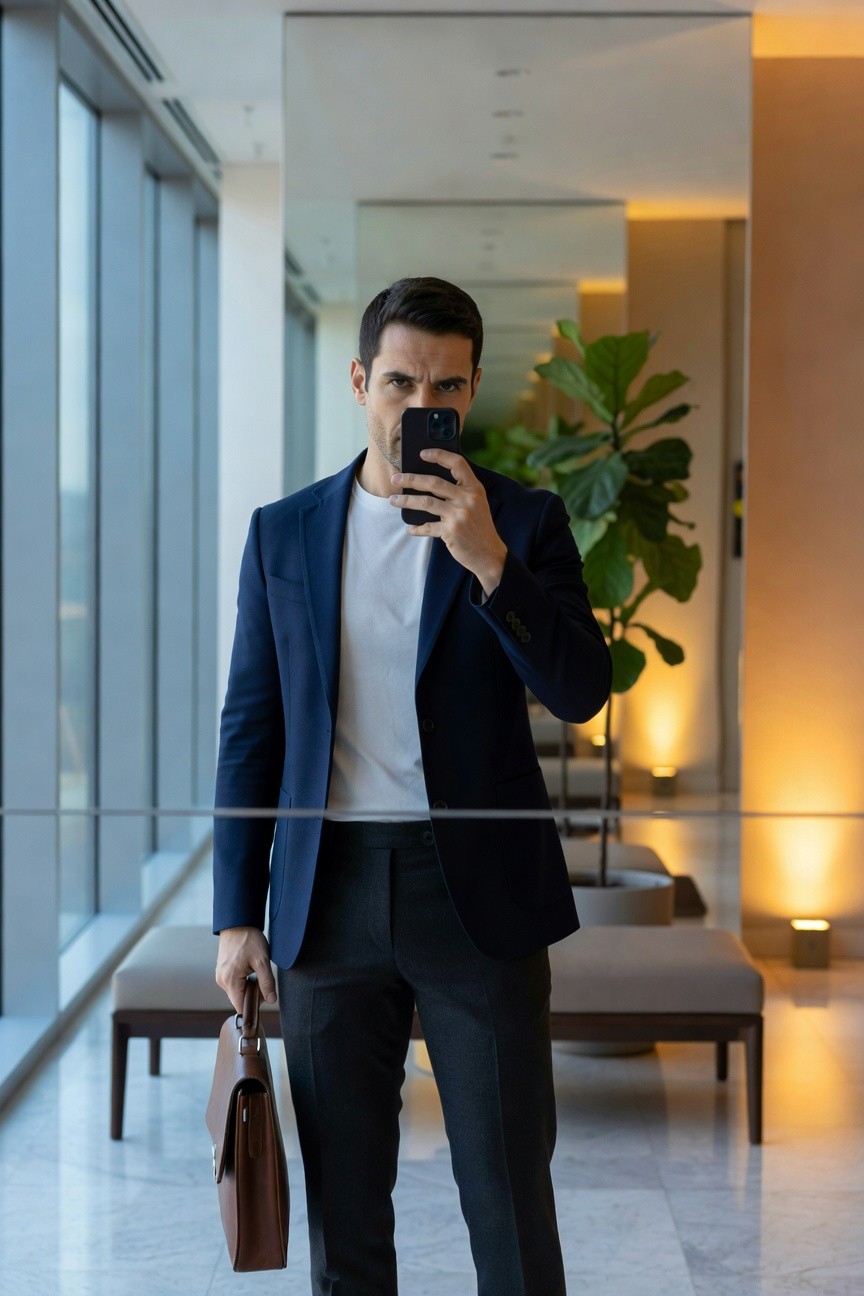 Handsome man in slim-fit navy blazer over white t-shirt, charcoal grey trousers, black shoes, and brown leather briefcase, taking a mirror selfie in a modern glass-walled lobby with plants and warm lighting