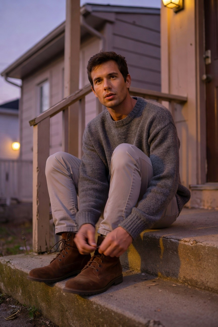 Man in grey knit sweater and light grey pants sitting on concrete steps, lacing up brown leather boots, porch railing and house door in background