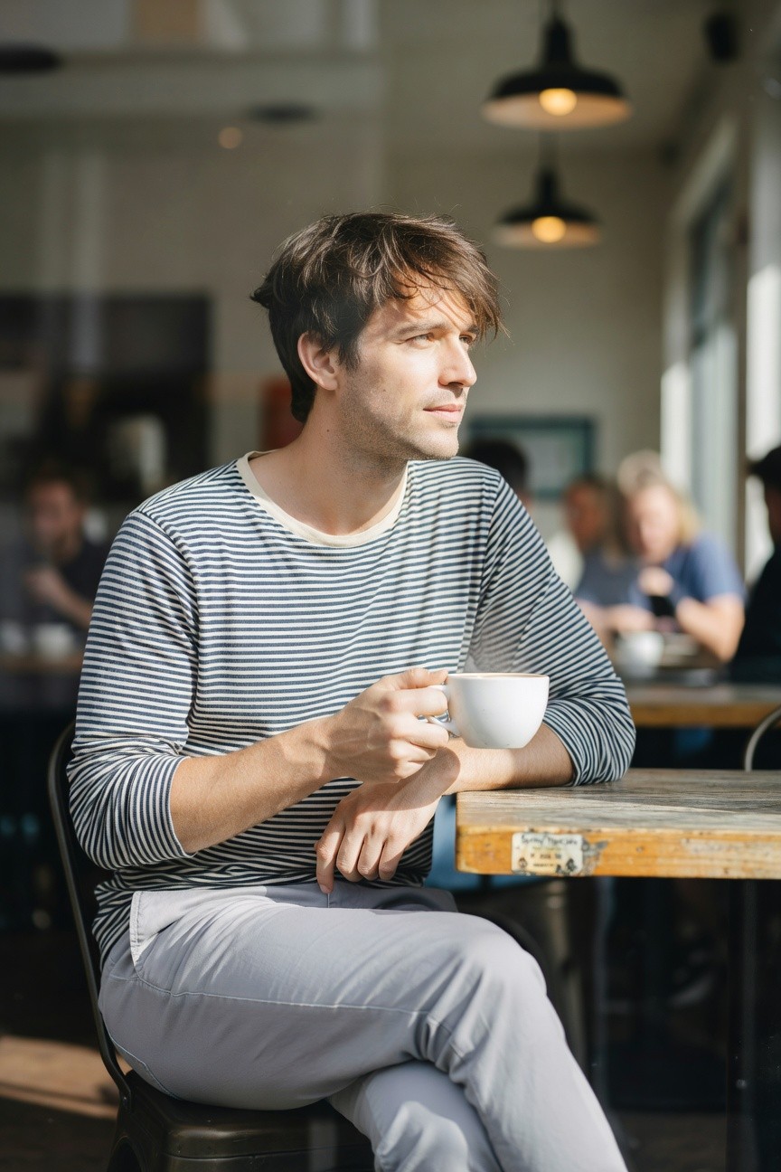 Man in navy and white striped long-sleeve shirt and light grey pants sitting at a wooden cafe table holding a white coffee mug, side profile view