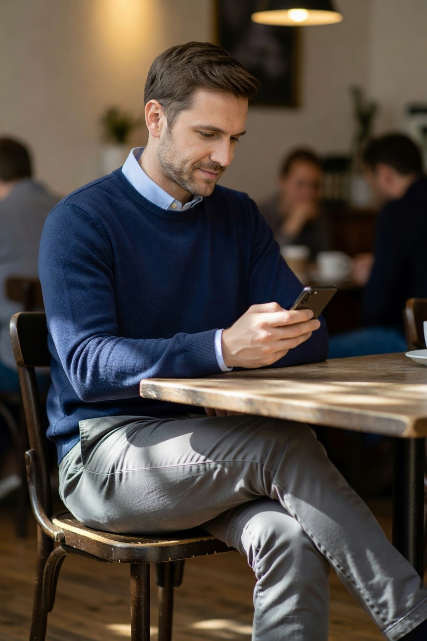 Man in navy blue crewneck sweater over light blue collared shirt, light grey slim trousers, sitting at wooden cafe table holding smartphone
