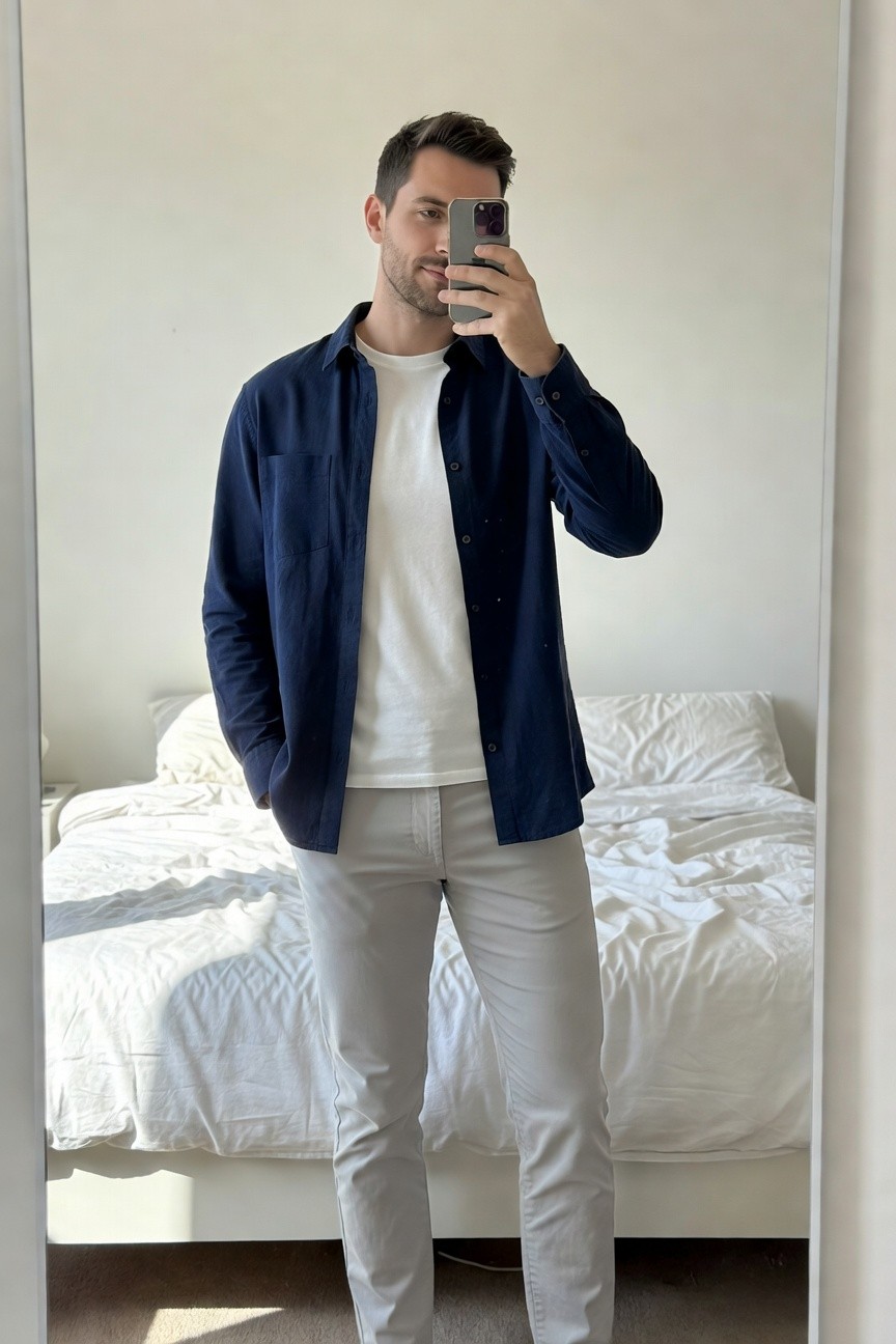 Mirror selfie of a man wearing an open navy chambray shirt jacket over a white t-shirt tucked into light grey slim trousers, hands in pockets, standing in a bedroom with white bed in background