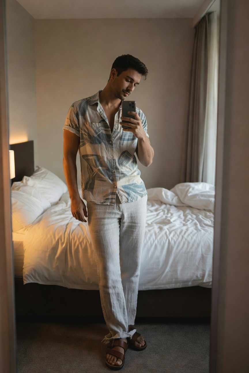 A man stands in front of a mirror wearing an open short-sleeve printed shirt in blue, white, and grey abstract patterns over light grey linen pants and brown leather sandals, casual hotel room outfit for modern style