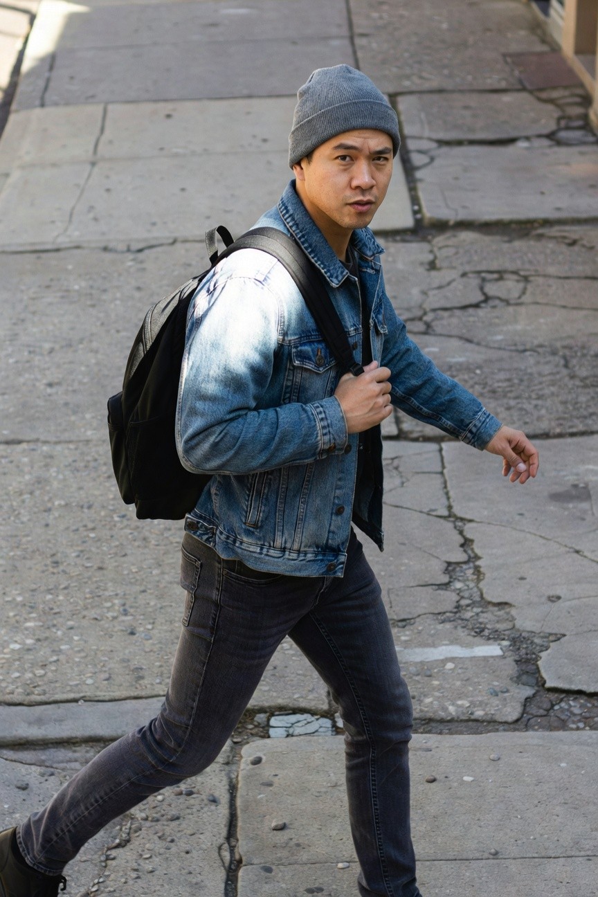 Young Asian man walking in slim dark grey jeans, faded blue denim jacket, grey beanie, black t-shirt, black backpack, and dark boots on cracked sidewalk