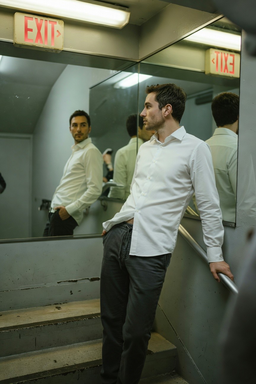 A man in a white button-up shirt and slim grey pants leans casually against a metal stair railing in a mirrored concrete stairwell with red exit signs overhead, side profile view emphasizing the outfit's relaxed fit.
