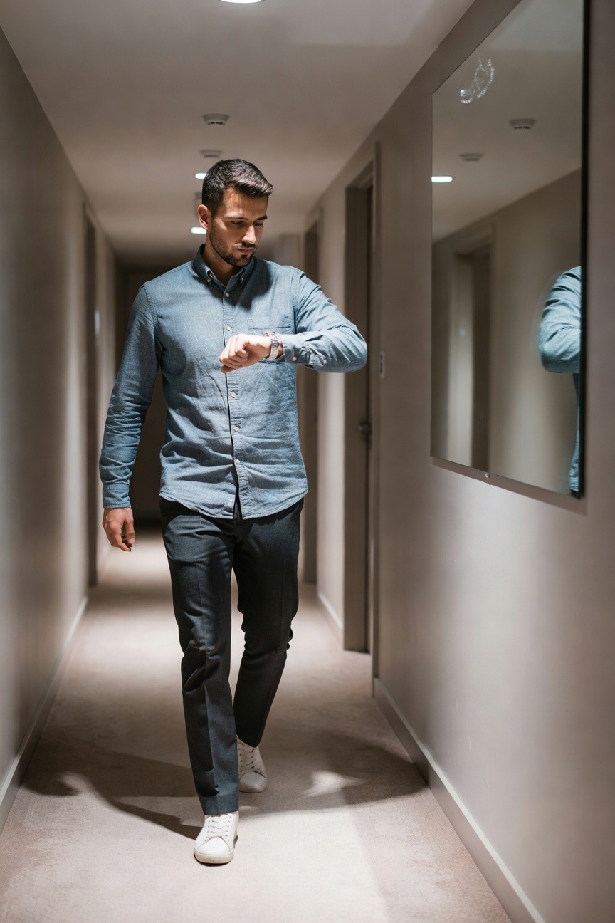 Man in slim dark grey pants, light blue chambray button-up shirt with sleeves pushed up, white sneakers, checking his watch while walking in a hallway