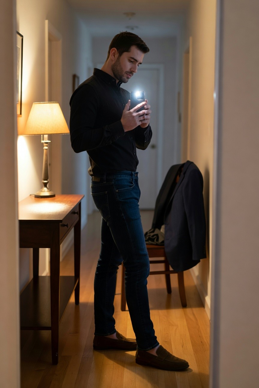 Man in black long-sleeve shirt, slim dark blue jeans, and brown loafers standing in a hallway holding a phone, with a navy jacket draped over a nearby chair