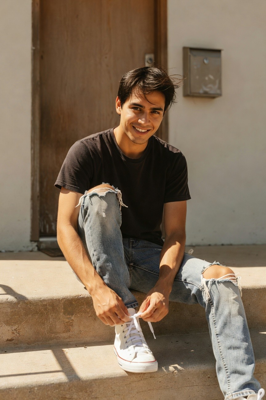 Young man sitting on steps, smiling, wearing black t-shirt, light blue ripped jeans, and white Converse sneakers while tying his shoelace