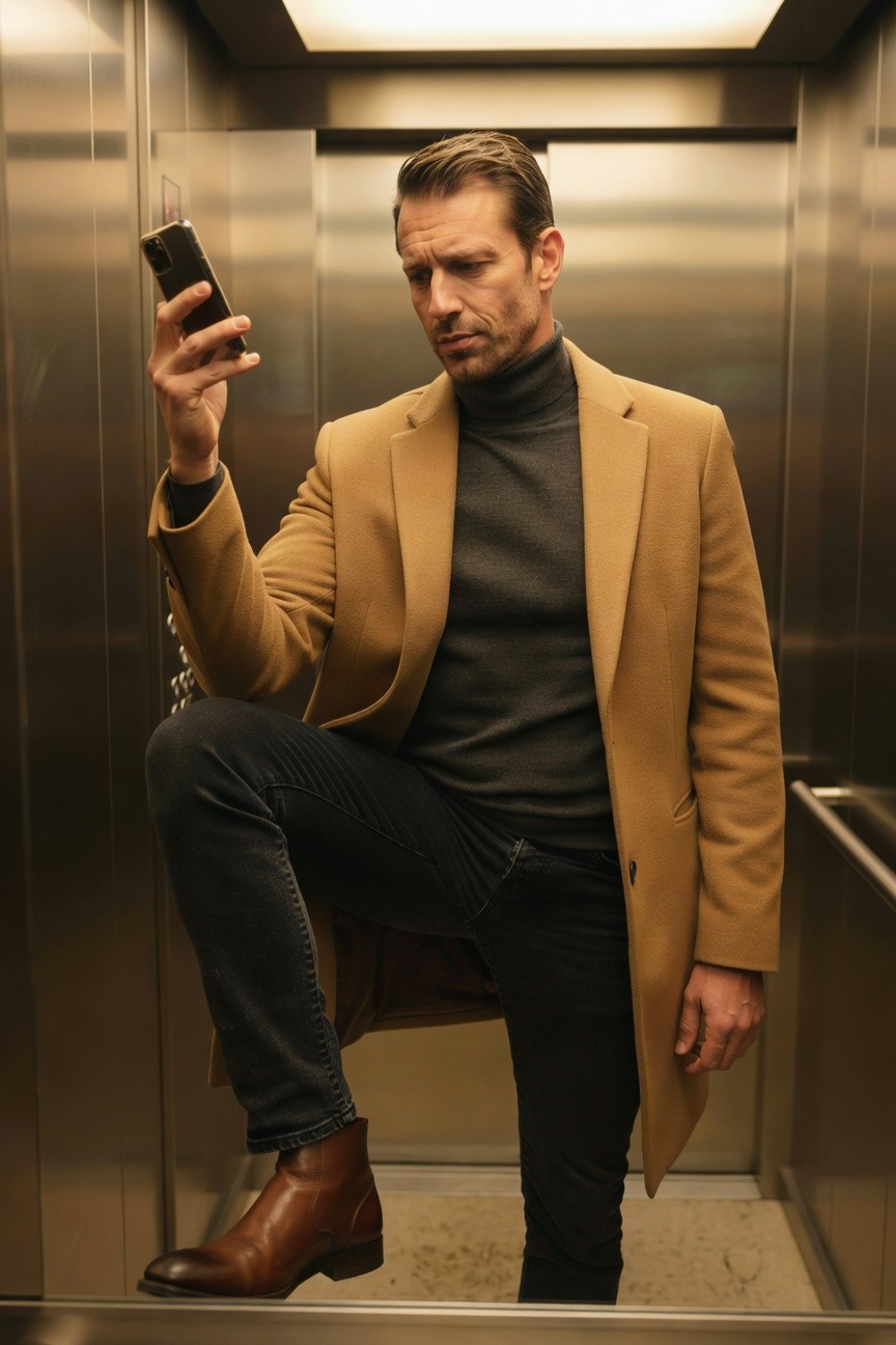 Man in elevator selfie wearing camel wool overcoat over grey turtleneck, slim black pleated jeans, and brown leather ankle boots, one leg propped up casually
