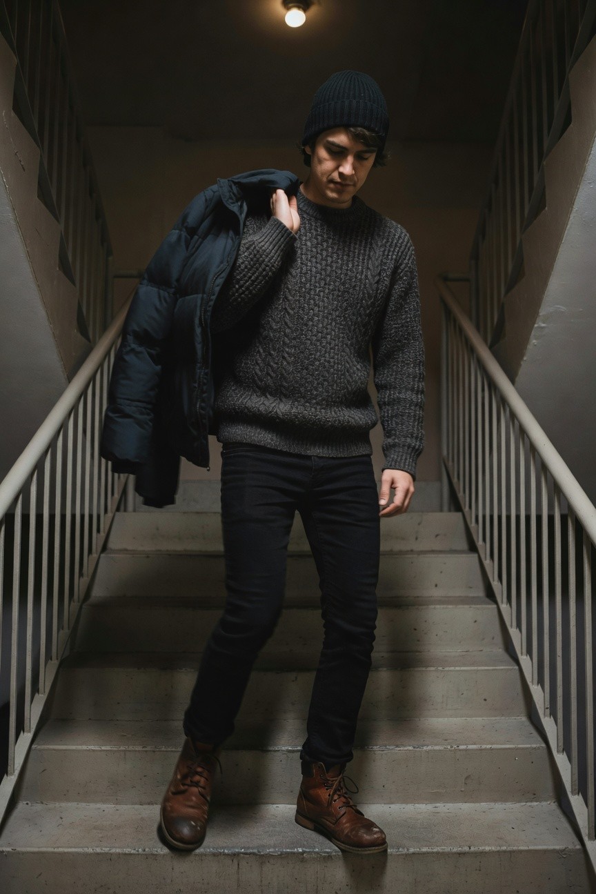 Man in black beanie, gray cable knit sweater, navy puffer jacket draped over shoulder, slim black jeans, and brown leather boots, standing on concrete stairs in dim indoor light