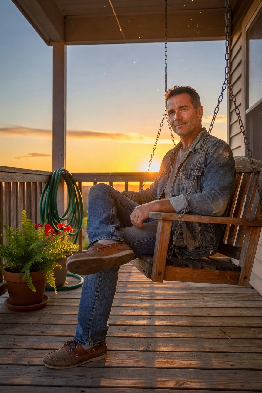 Man sitting casually on a wooden porch swing wearing blue straight-leg jeans, a faded light-wash denim jacket over a white t-shirt, and brown leather boat shoes, with potted plants and a green hose nearby against a porch railing