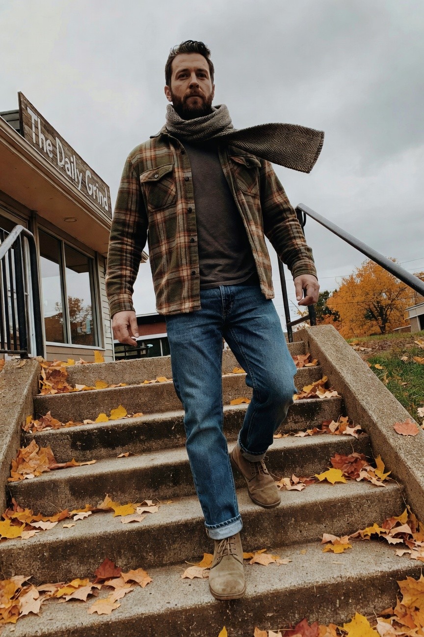 Man in open olive plaid flannel shirt over dark tee, gray tweed scarf, straight blue jeans, and tan suede chukka boots, standing on concrete stairs