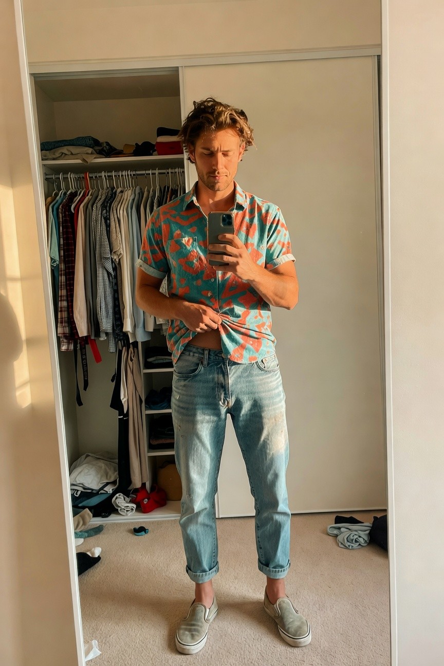 A man stands in front of a closet mirror wearing an open short-sleeve coral floral print shirt, light blue distressed rolled jeans, and white slip-on sneakers, holding his phone for a selfie with a casual expression