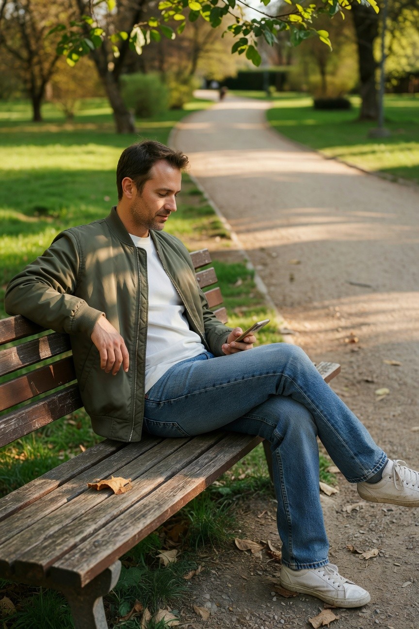 Man in olive green bomber jacket, white t-shirt, blue straight-leg jeans, and white sneakers, lounging casually while checking his phone