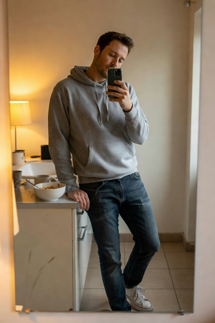 Man in light gray hoodie and medium blue faded jeans leaning casually with hand in pocket, white sneakers, selfie in mirror by bathroom counter