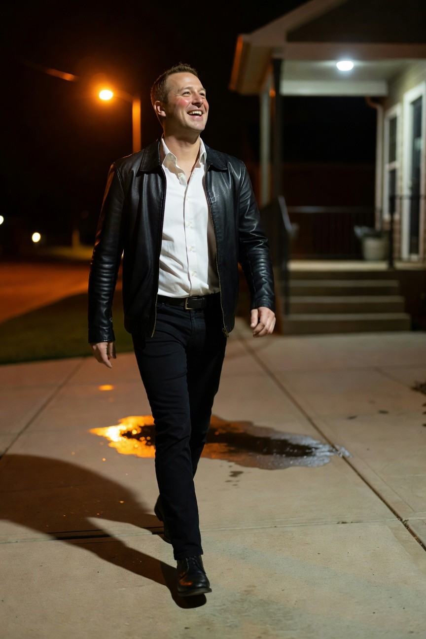 Man smiling while walking in black leather jacket over white open-collar shirt, black slim pants, and black leather shoes on a sidewalk at night