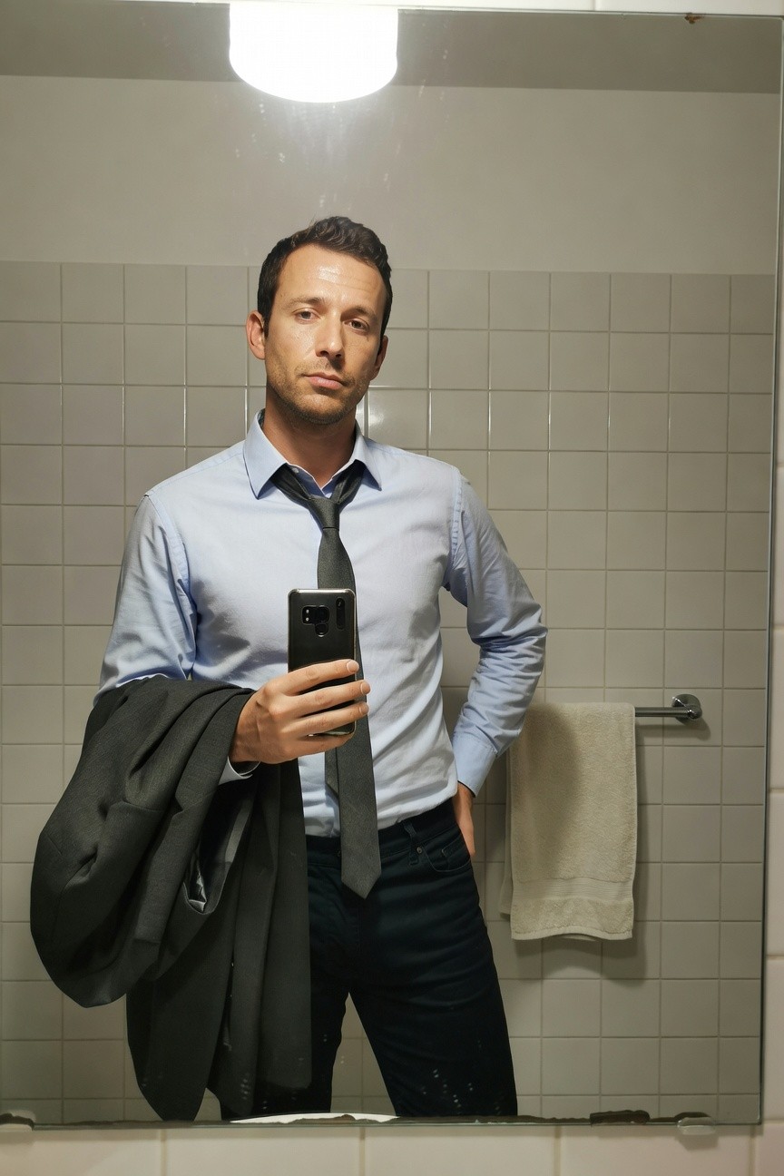 Man taking mirror selfie in bathroom wearing light blue long-sleeve dress shirt with black tie, dark slim jeans, gray jacket draped over one arm holding phone in the other, towel rack and tiles in background