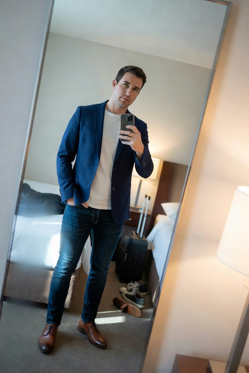 Man taking mirror selfie in hotel room wearing navy blue blazer over white t-shirt, slim dark jeans, and brown leather oxfords, hands in pockets, luggage and shoes nearby