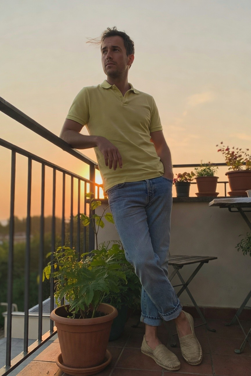 Man leaning on balcony railing in pale yellow short-sleeve polo shirt, light blue straight-leg jeans cuffed at ankles, and tan espadrilles, casual put-together jeans outfit at dusk