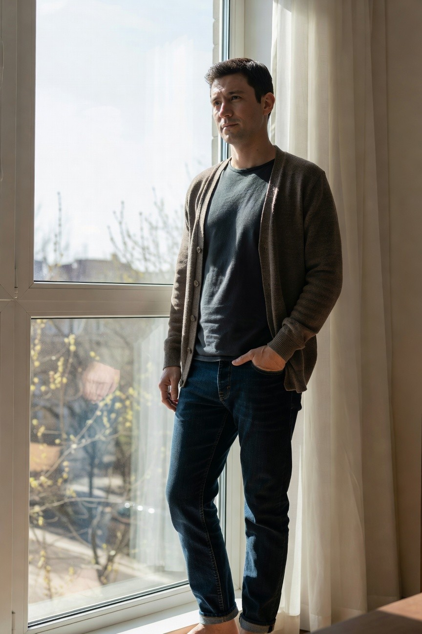 Man in open camel knit cardigan over gray t-shirt and dark blue rolled jeans, standing barefoot with hands in pockets