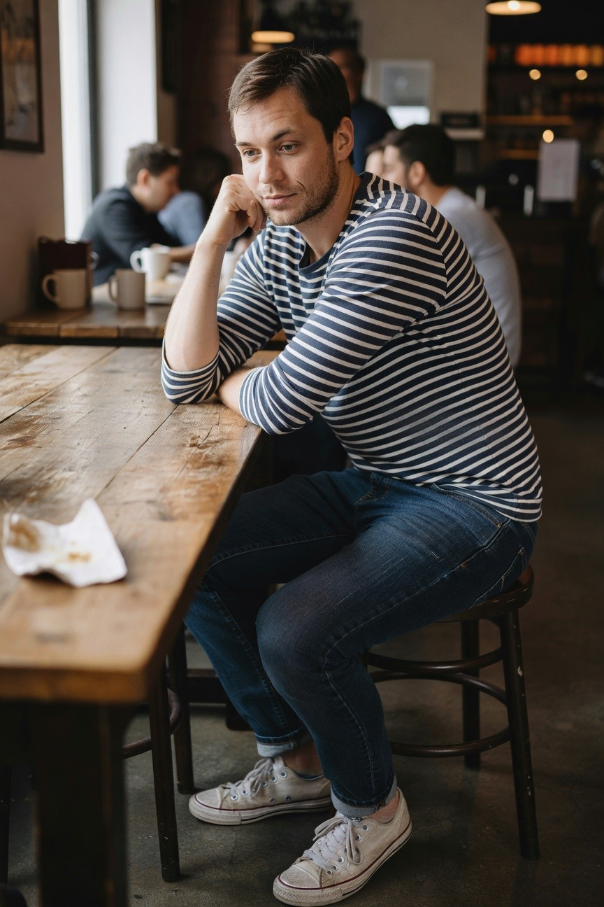 Man in navy and white horizontal striped long-sleeve sweater with rolled cuffs, slim dark blue jeans rolled at ankles, white Converse sneakers, seated at wooden cafe table with hand propping chin