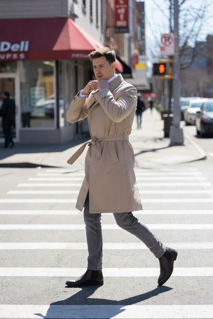Man walking on crosswalk in long beige belted trench coat over white collared shirt, slim gray jeans, and black Chelsea boots, urban street background