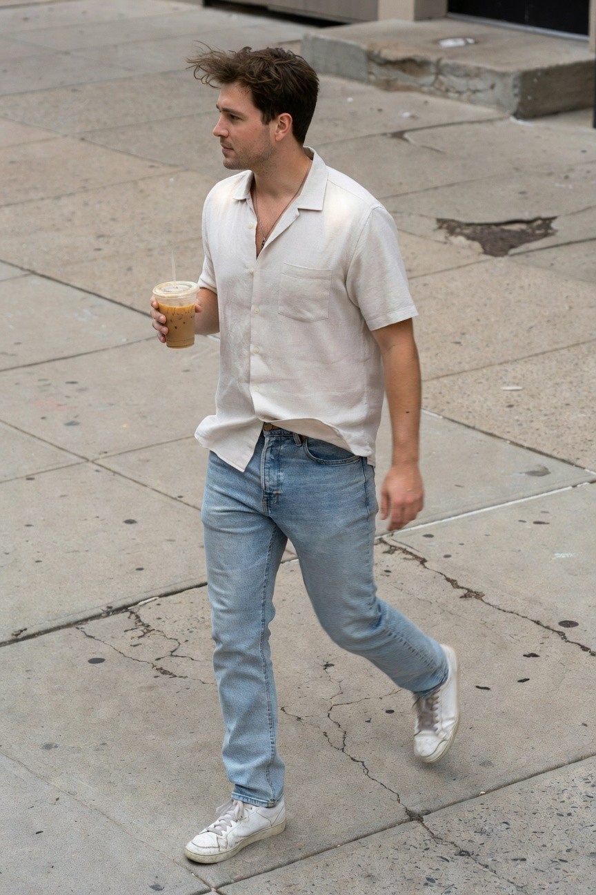 A man in a white open-collar short-sleeve linen shirt, light blue straight-leg jeans, white low-top sneakers, and a thin necklace, walking while holding an iced coffee cup