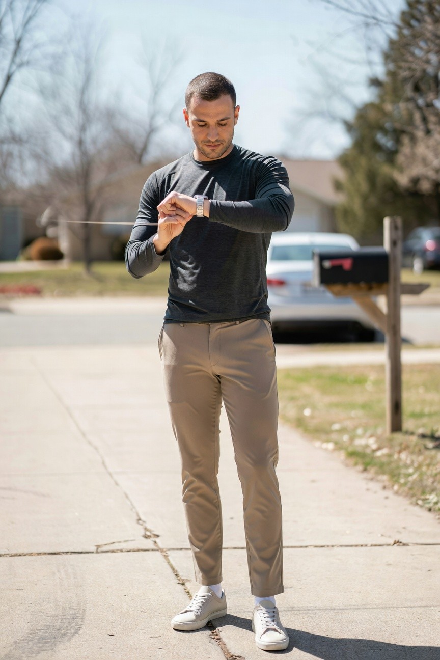 Man standing on sidewalk checking silver smartwatch on wrist, wearing fitted black long-sleeve shirt, slim beige khaki chinos, white sneakers with visible socks