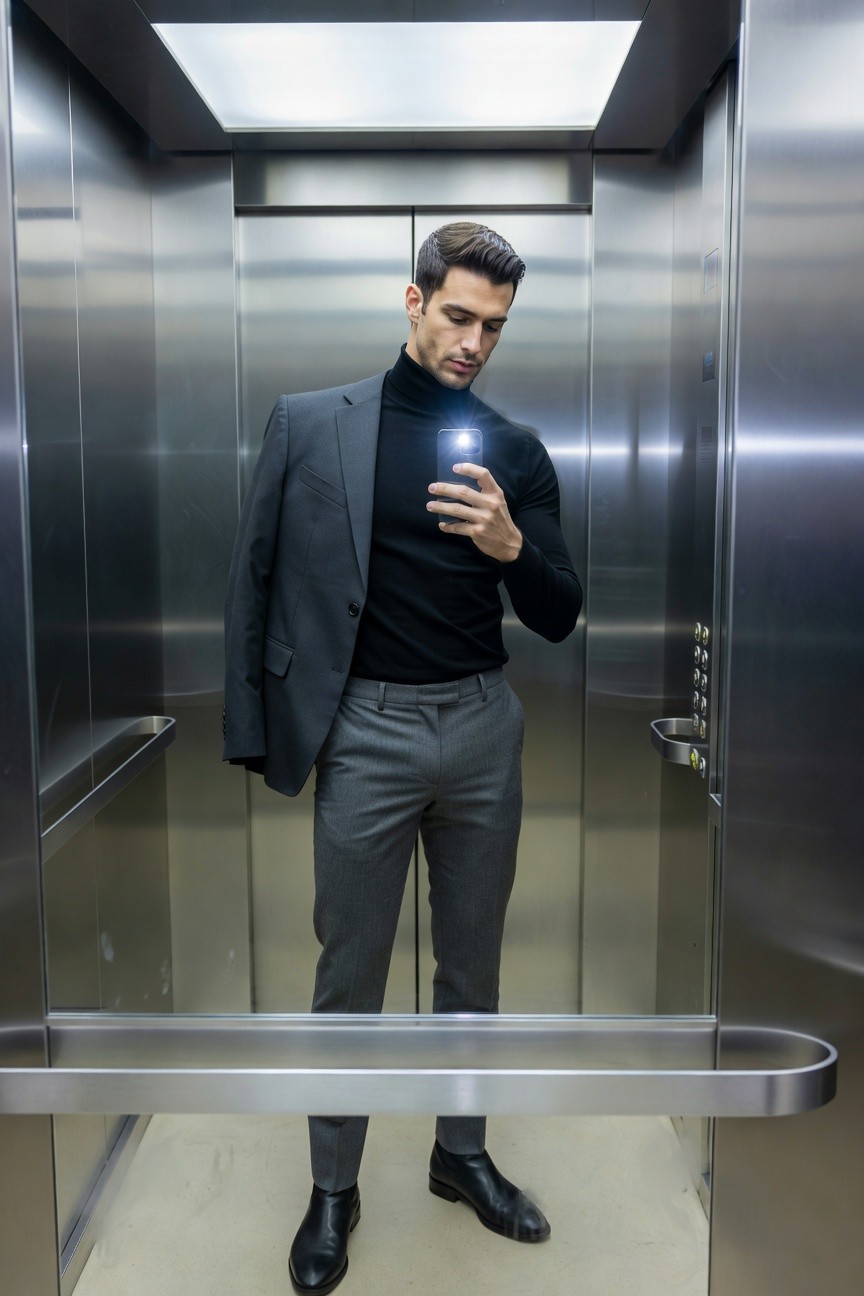 Handsome man in a black turtleneck sweater under an open charcoal grey blazer, grey trousers, and black leather shoes, taking a selfie in a mirrored elevator