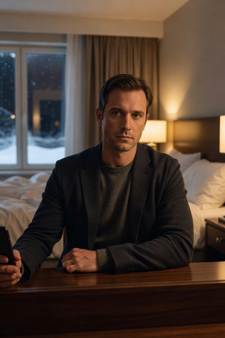 Man in dark gray blazer over gray crewneck sweater, seated at wooden desk holding phone, neutral hotel room background