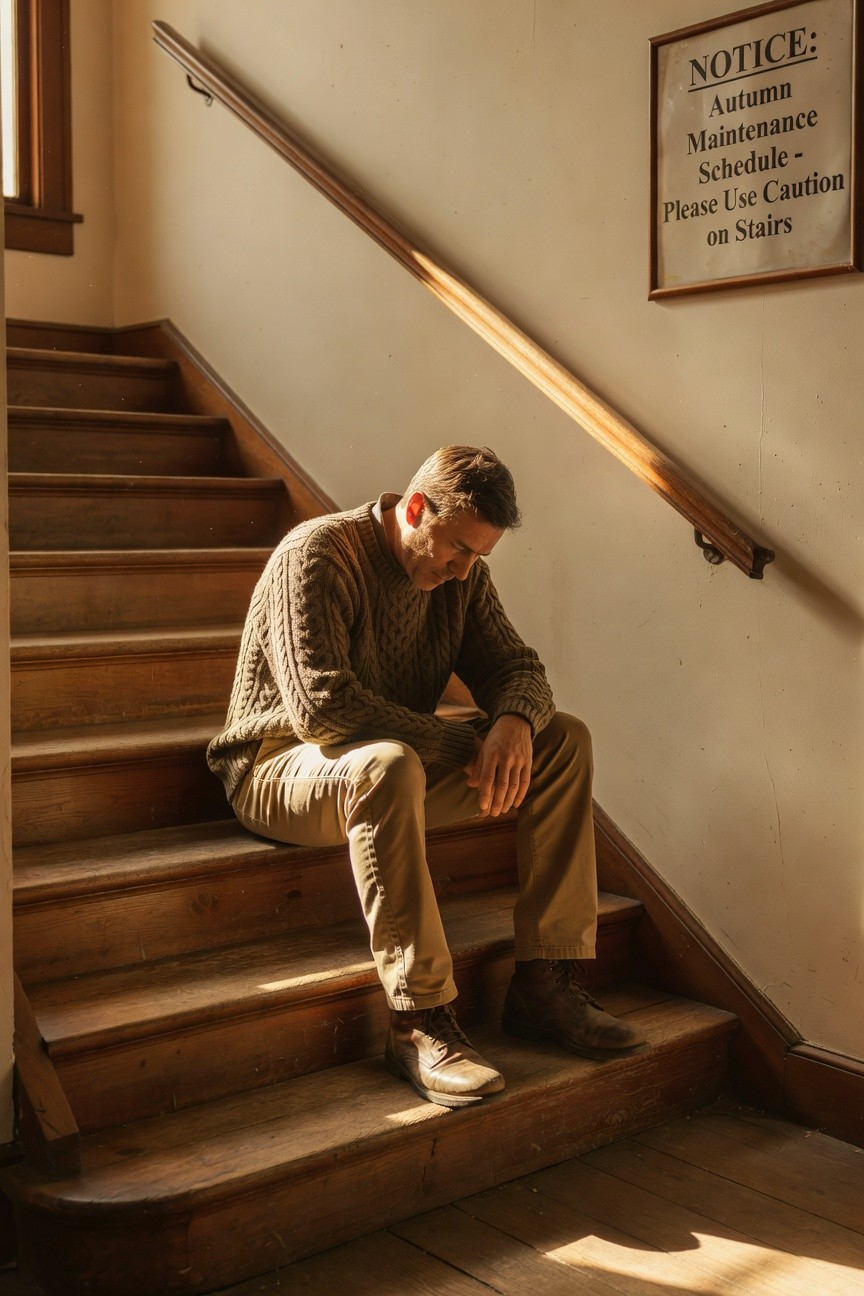 A man sits on wooden stairs wearing a brown cable-knit sweater, khaki chinos, and brown leather boots, captured in warm indoor light with a maintenance notice on the wall nearby