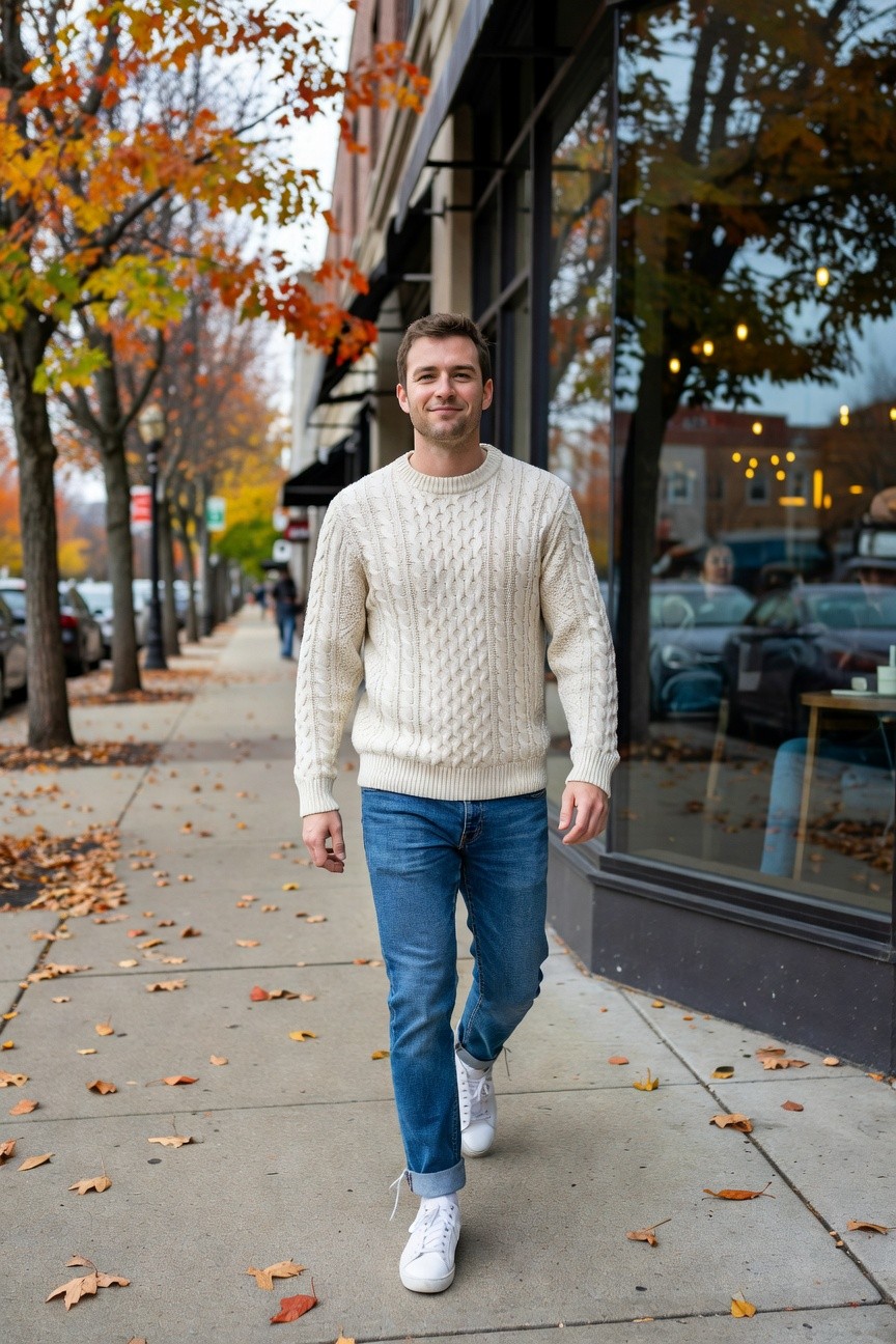 Man in cream cable knit crewneck sweater, straight blue jeans, and white sneakers walking on sidewalk