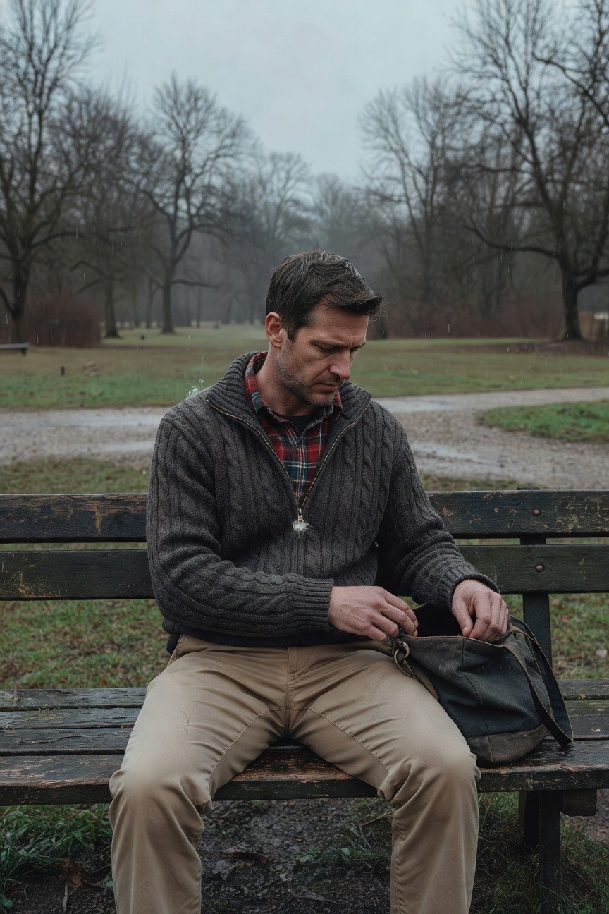 Man in charcoal cable knit zip-up sweater layered over red plaid collared shirt, khaki chinos, silver chain necklace, and brown leather messenger bag, sitting on wooden bench