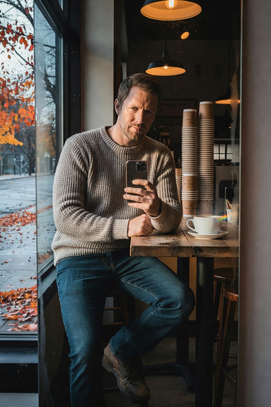 Man in gray chunky knit sweater, blue jeans, and brown leather boots sitting casually at a table with coffee cup nearby, warm indoor lighting