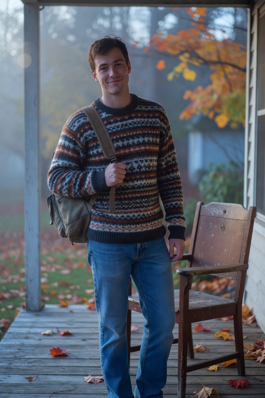 Young man standing on a wooden porch wearing a multicolored Fair Isle knit sweater in black, white, orange, brown, and cream patterns, brown canvas backpack over one shoulder, blue straight-leg jeans, next to an old wooden chair with fall leaves scattered on the deck and autumn trees in the foggy background