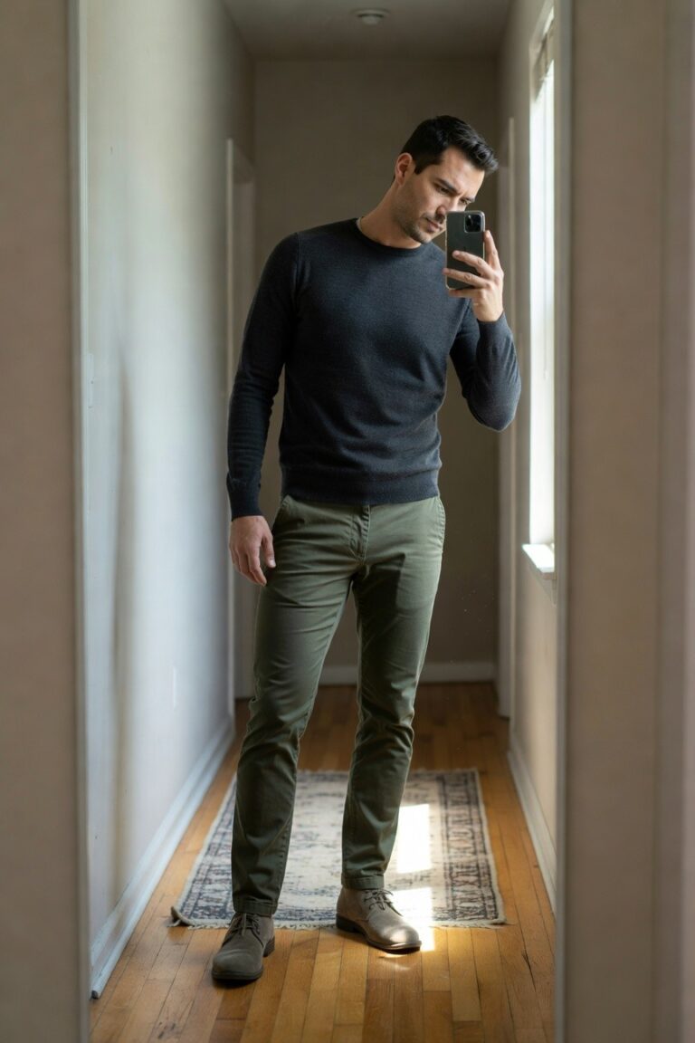 Man in a dark gray crewneck knit sweater, olive green straight-leg chinos, and tan suede chukka boots, standing in a hallway and holding a phone for a mirror selfie