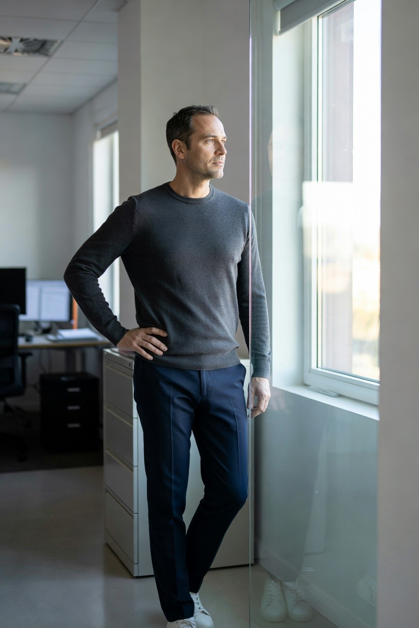 Man standing confidently in a gray long-sleeve knit sweater, navy slim trousers, and white sneakers in a modern office by a large window, hand on hip