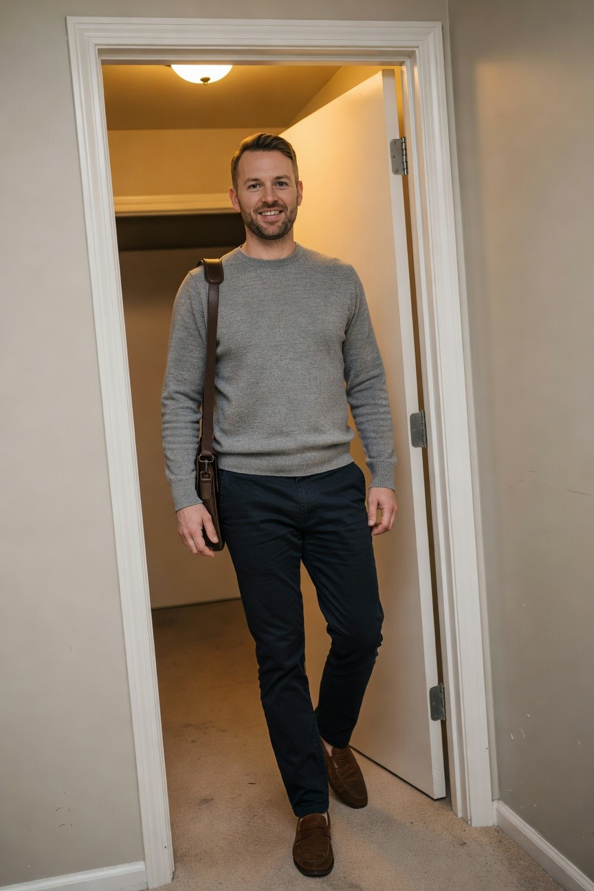 Man standing in doorway wearing light gray crewneck sweater, navy chinos, brown leather crossbody bag, and brown suede loafers, smiling confidently