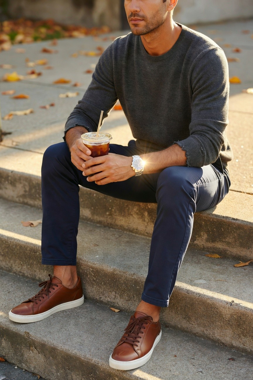 Man seated on concrete steps in a charcoal gray crewneck sweater, slim navy pants, brown leather lace-up sneakers, holding an iced coffee cup, silver watch on left wrist